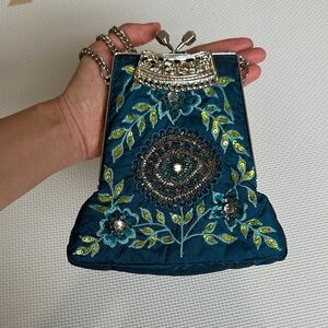 Embroidered Teal Clutch with Silver Accents